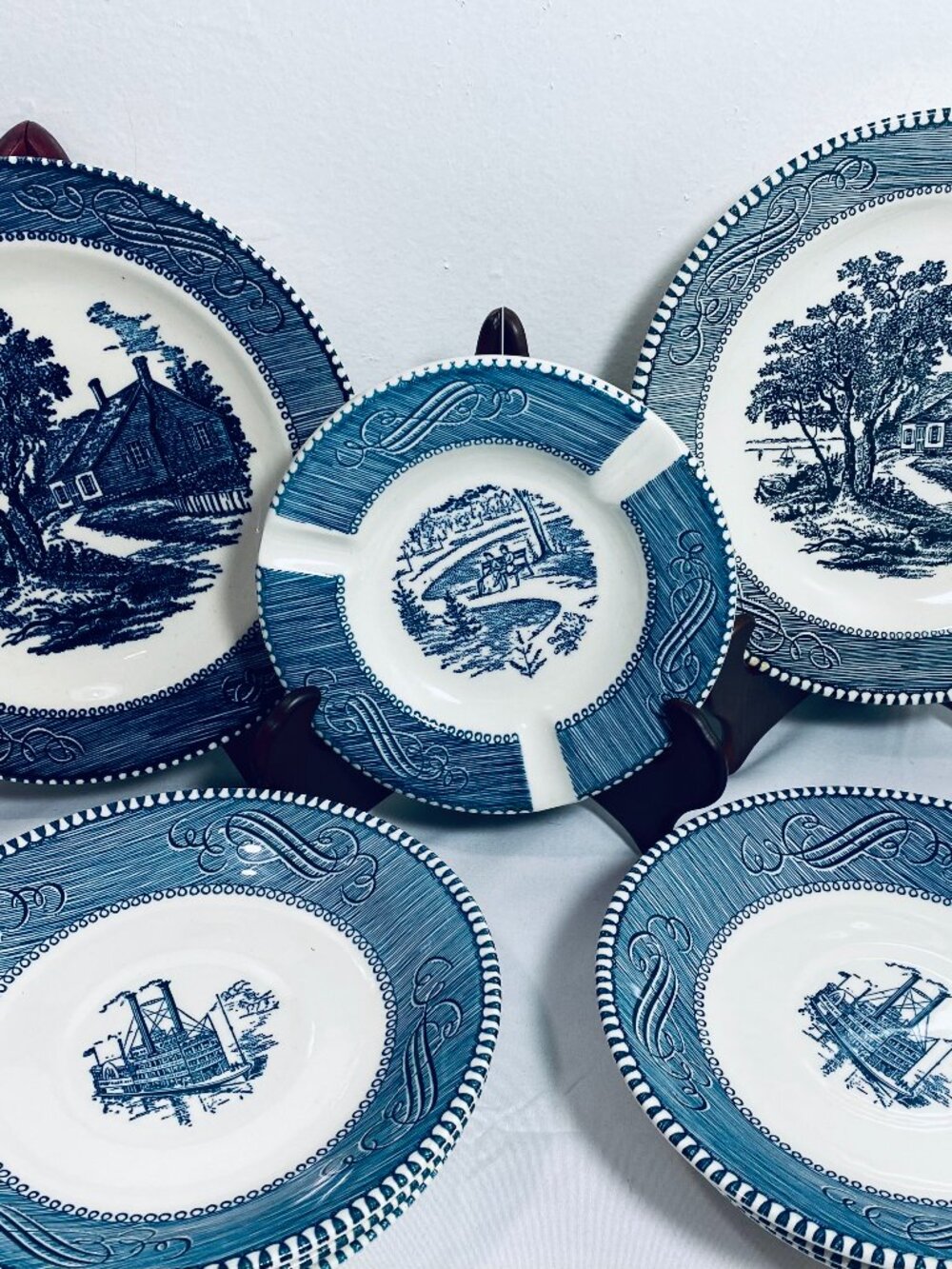 (9) Pcs VNTG Currier & Ives Dishes (Ashtray, 2 Salad Plates, 6 Saucers) EUC